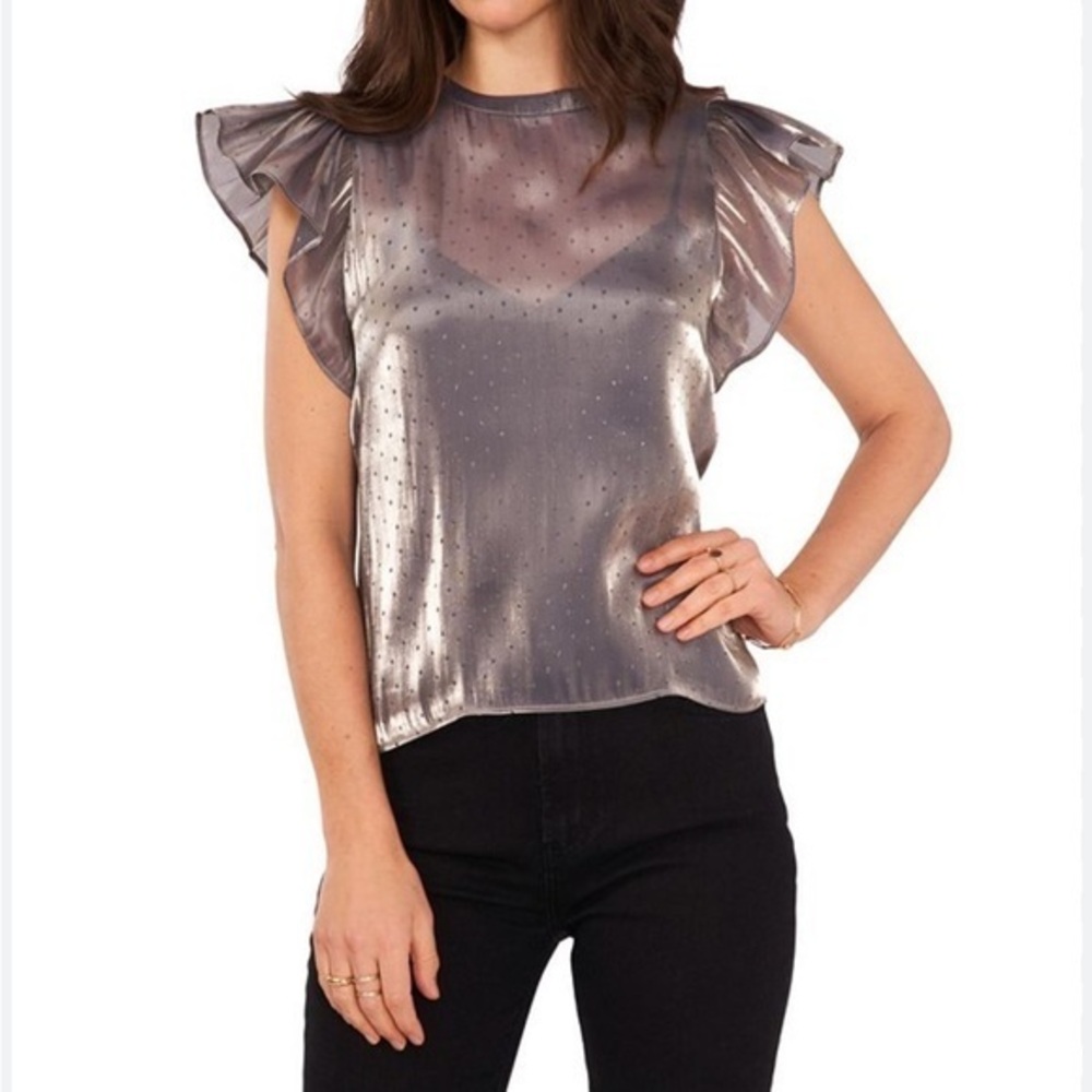 1.State silver metallic semi sheer flutter sleeve blouse, Sz. L